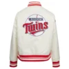Minnesota Twins Retro Classic Women’s Full-Snap Satin Varsity Cream Jacket 1