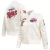 Minnesota Twins Retro Classic Women’s Pinstripe Full-Snap Satin Varsity Cream Jacket 2