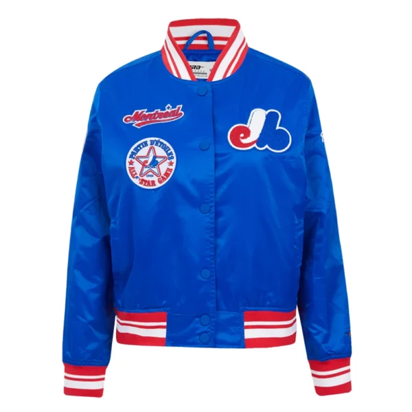 Montreal Expos Retro Classic Women’s Full-Snap Blue Satin Varsity Jacket