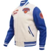 NBA New York Knicks Retro Classic Wool and Leather Blue and White Varsity Jacket 1