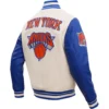 NBA New York Knicks Retro Classic Wool and Leather Blue and White Varsity Jacket 2