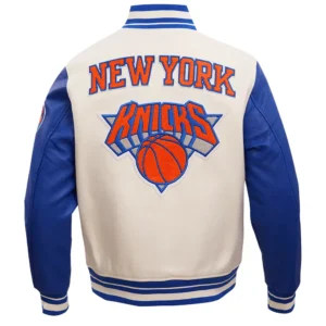 NBA New York Knicks Retro Classic Wool and Leather Blue and White Varsity Jacket 3