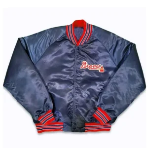 Navy Blue Atlanta Braves Satin Bomber Varsity Jacket