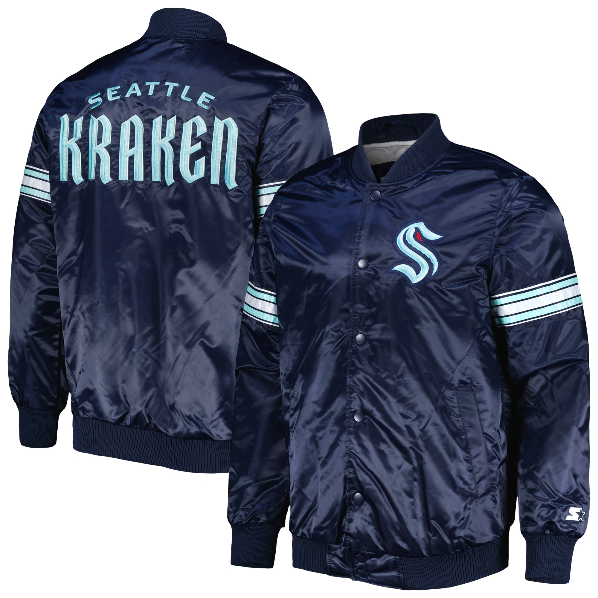 Navy Blue Seattle Kraken Varsity Jacket 3