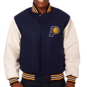 Navy Blue and White Indiana Pacers Two Tone Wool Varsity Jacket