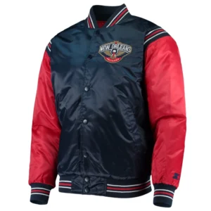 New Orleans Pelicans Enforcer Full-Snap Navy and Red Satin Varsity Jacket