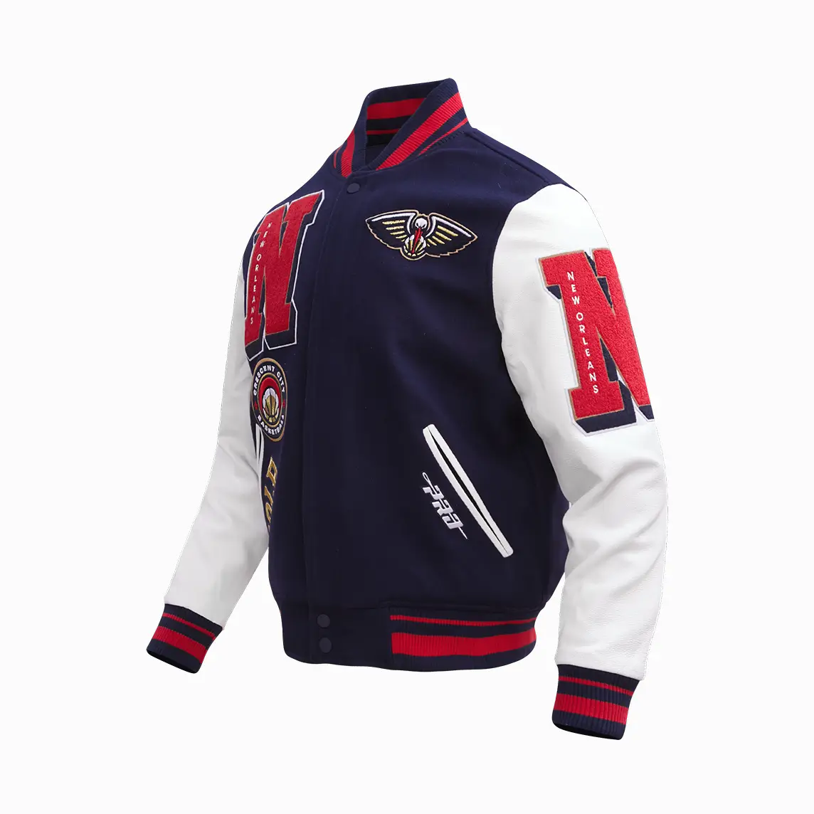 New Orleans Pelicans Mashup Wool and Leather Navy Blue and White Varsity Jacket 1