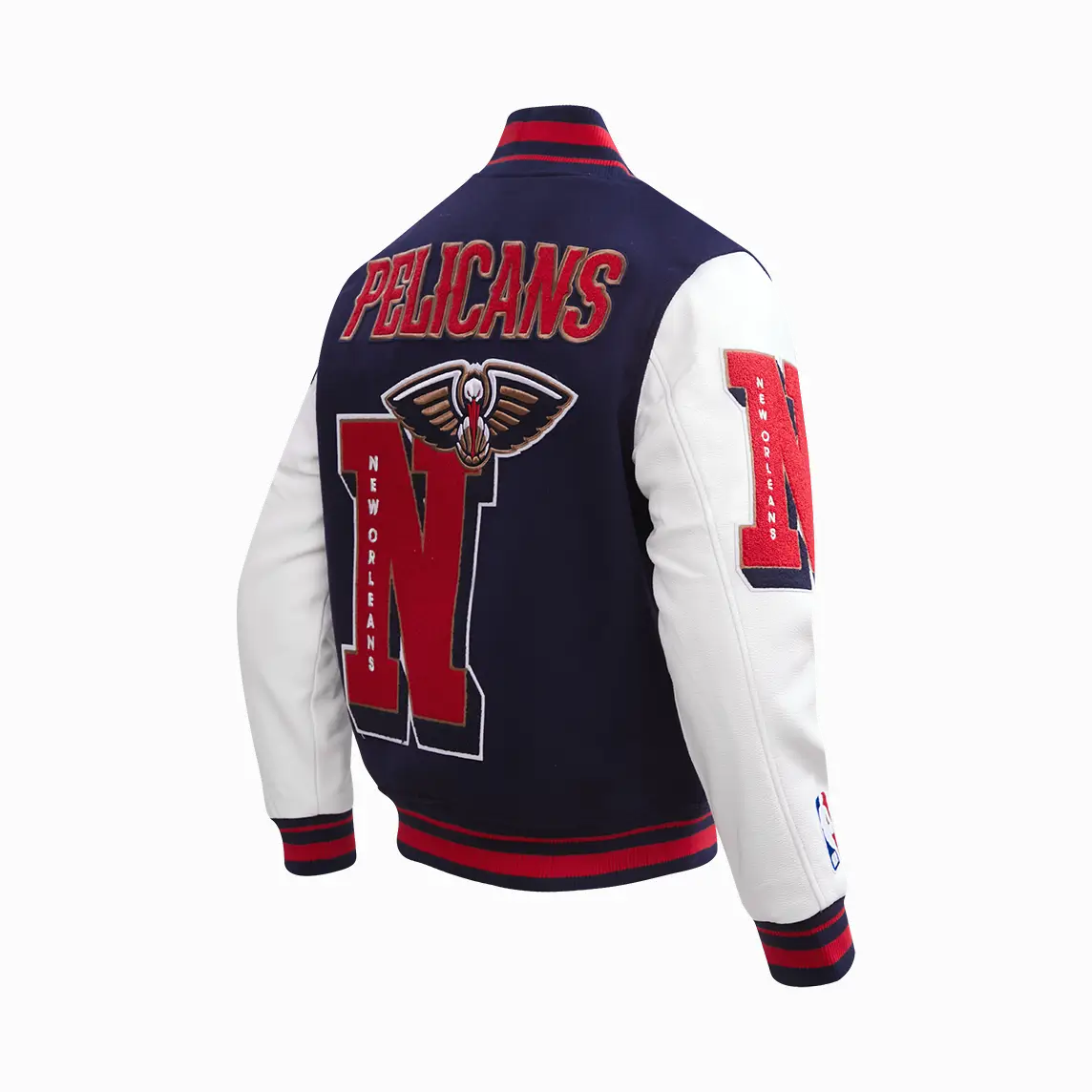 New Orleans Pelicans Mashup Wool and Leather Navy Blue and White Varsity Jacket 2