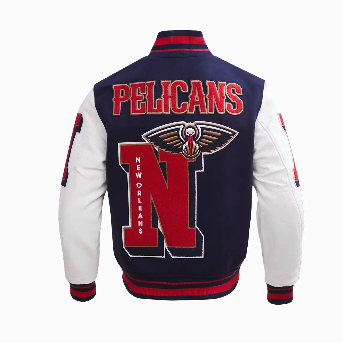 New Orleans Pelicans Mashup Wool and Leather Navy Blue and White Varsity Jacket 3