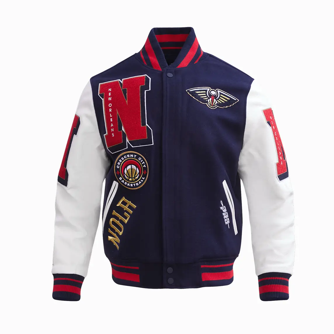 New Orleans Pelicans Mashup Wool and Leather Navy Blue and White Varsity Jacket