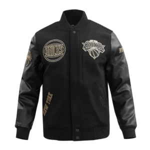 New York Knicks Black & Gold Wool & Leather Varsity Black Jacket