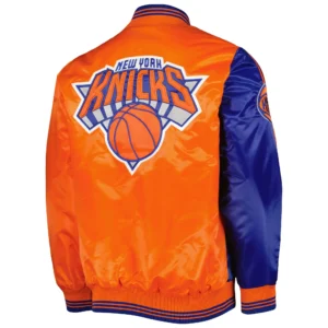New York Knicks Fast Break Satin Orange and Blue Varsity Jacket 1