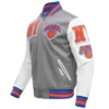 New York Knicks Mashup Grey and White Wool and Leather Varsity Jacket 1