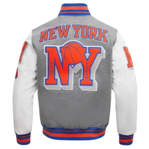 New York Knicks Mashup Grey and White Wool and Leather Varsity Jacket 3