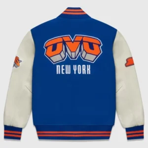 New York Knicks OVO Blue and Cream Wool and Leather Varsity Jacket 1
