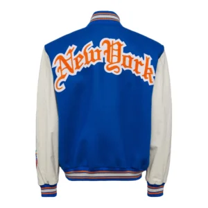 New York Knicks Old English Wool and Leather Blue and White Varsity Jacket 1