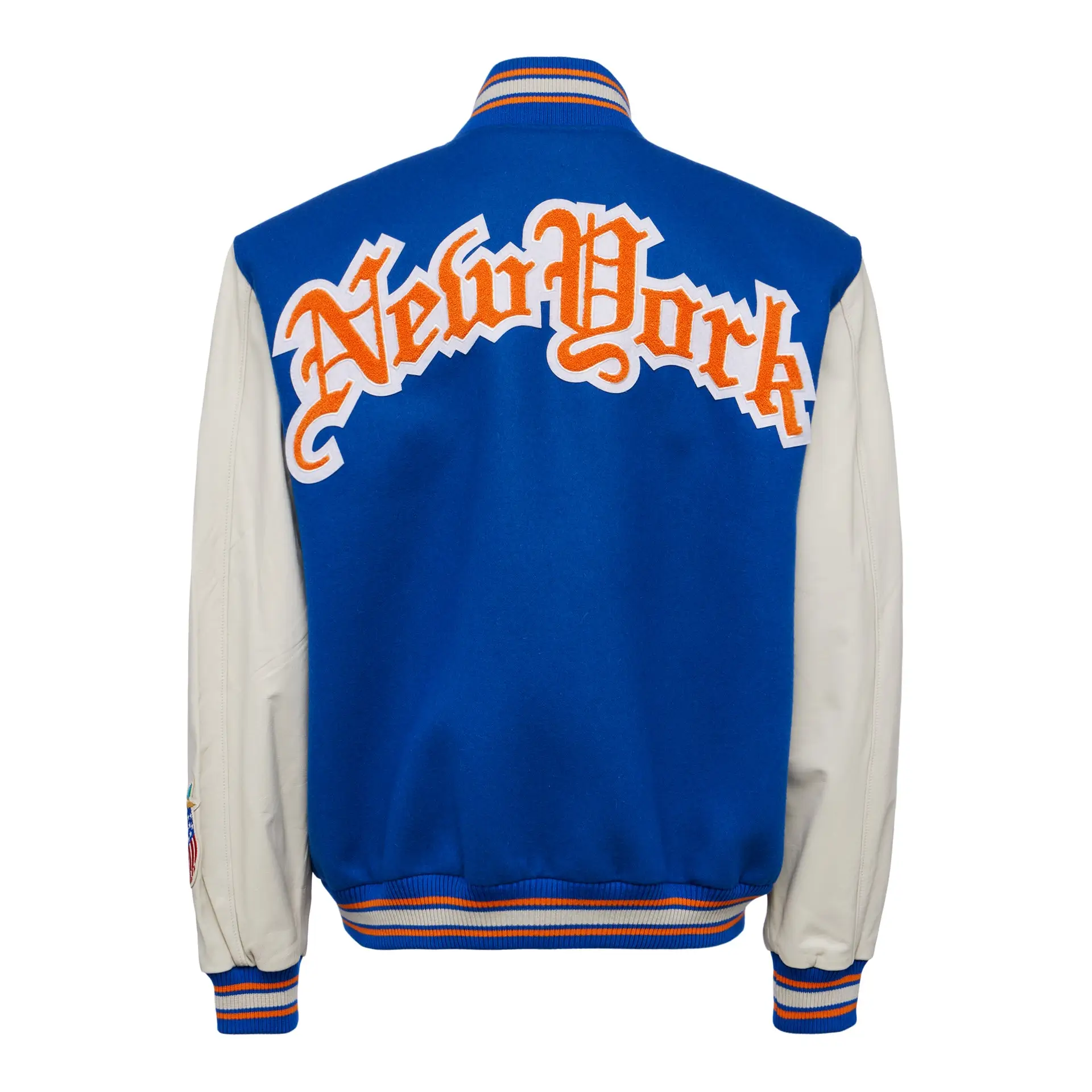 New York Knicks Old English Wool and Leather Blue and White Varsity Jacket 1