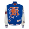 New York Knicks Old English Wool and Leather Blue and White Varsity Jacket
