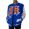 New York Knicks Old English Wool and Leather Blue and White Varsity Jacket 2