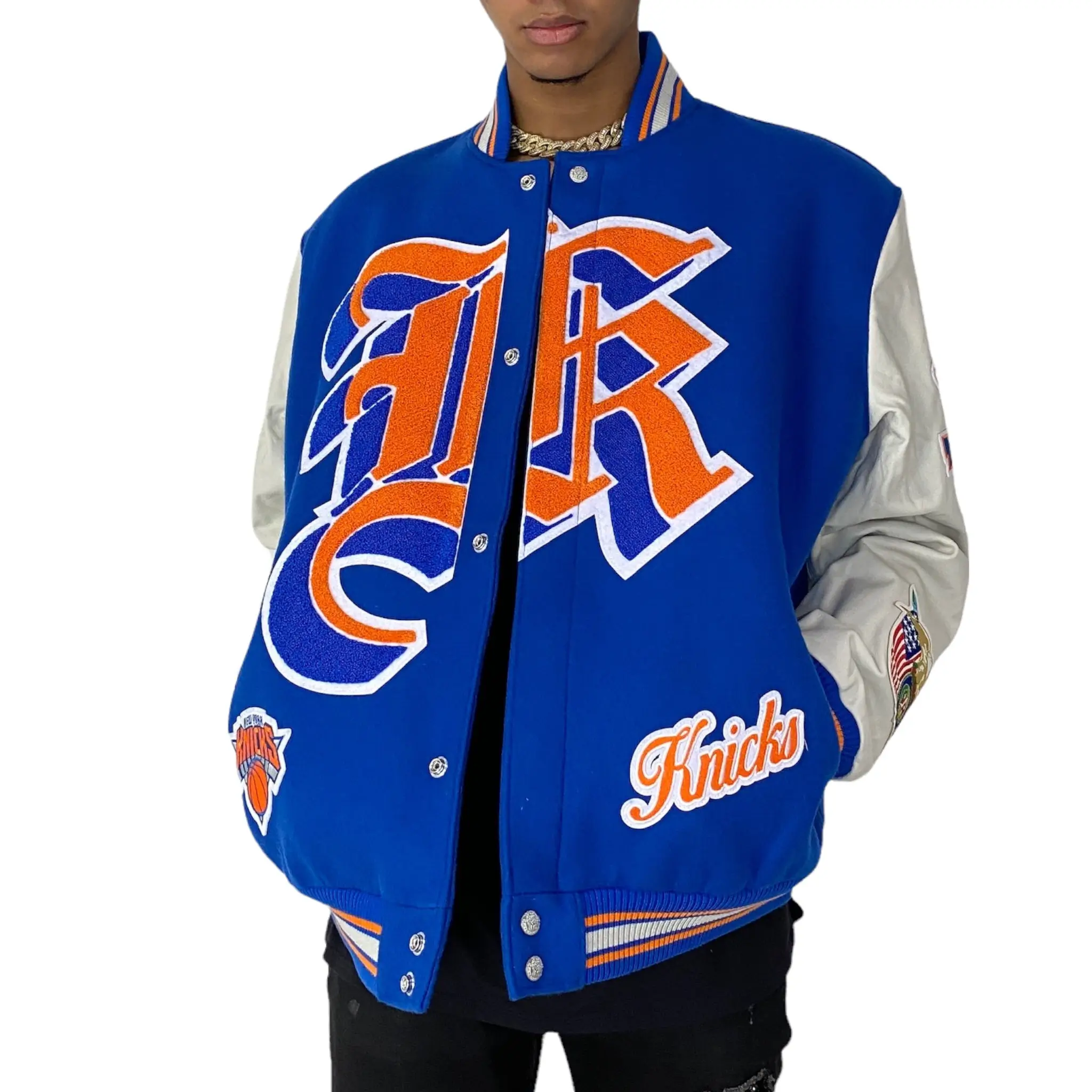 New York Knicks Old English Wool and Leather Blue and White Varsity Jacket 2