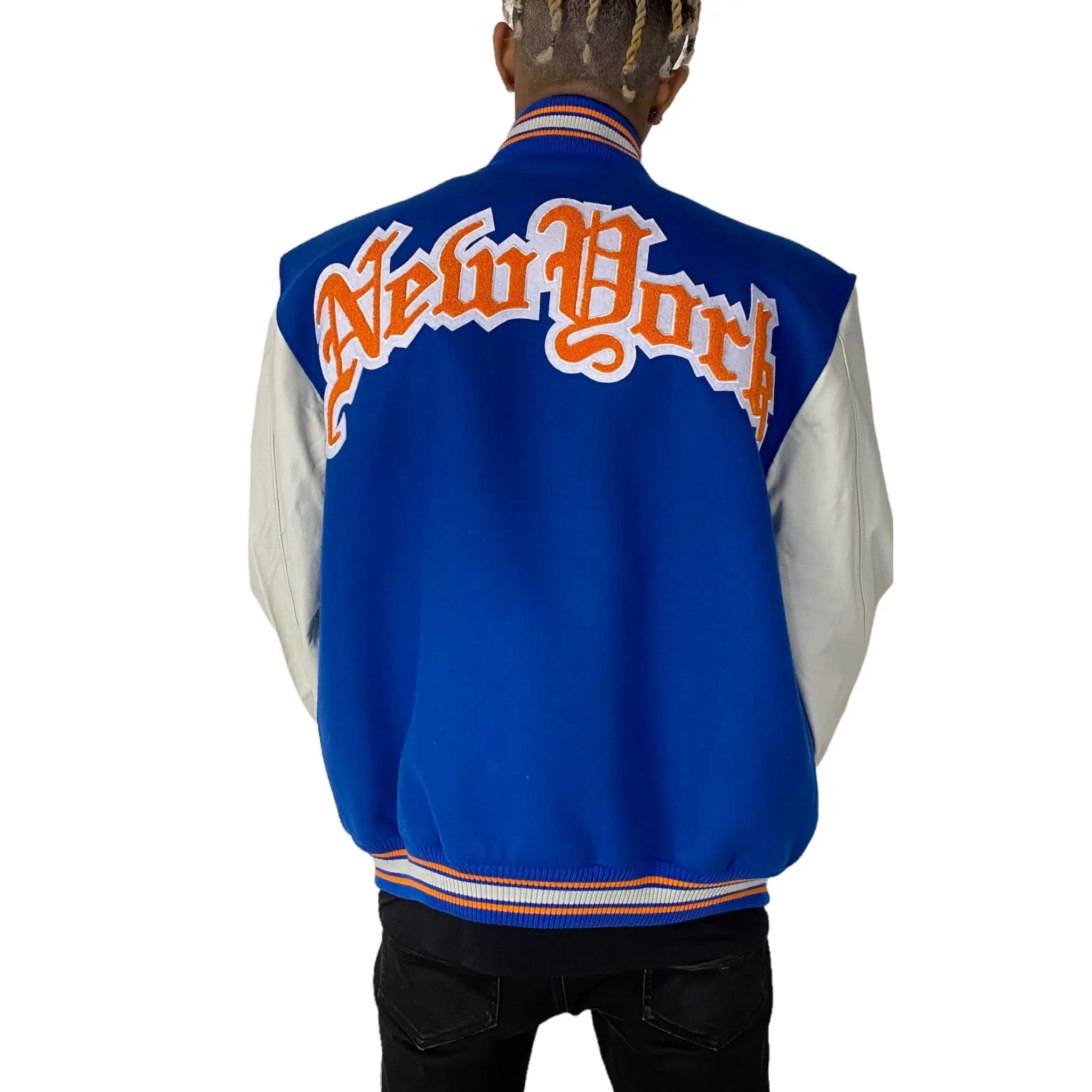 New York Knicks Old English Wool and Leather Blue and White Varsity Jacket 3