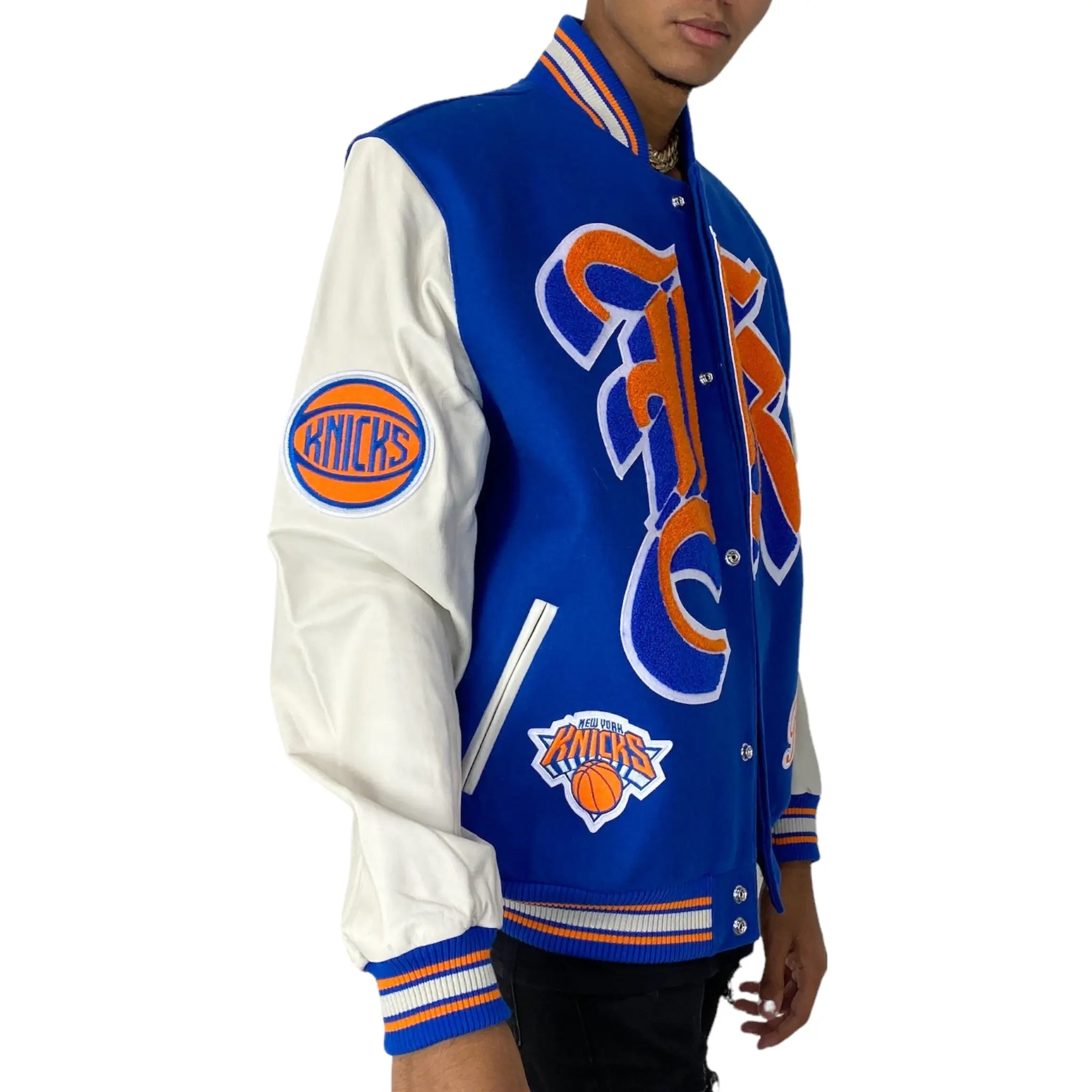 New York Knicks Old English Wool and Leather Blue and White Varsity Jacket 4