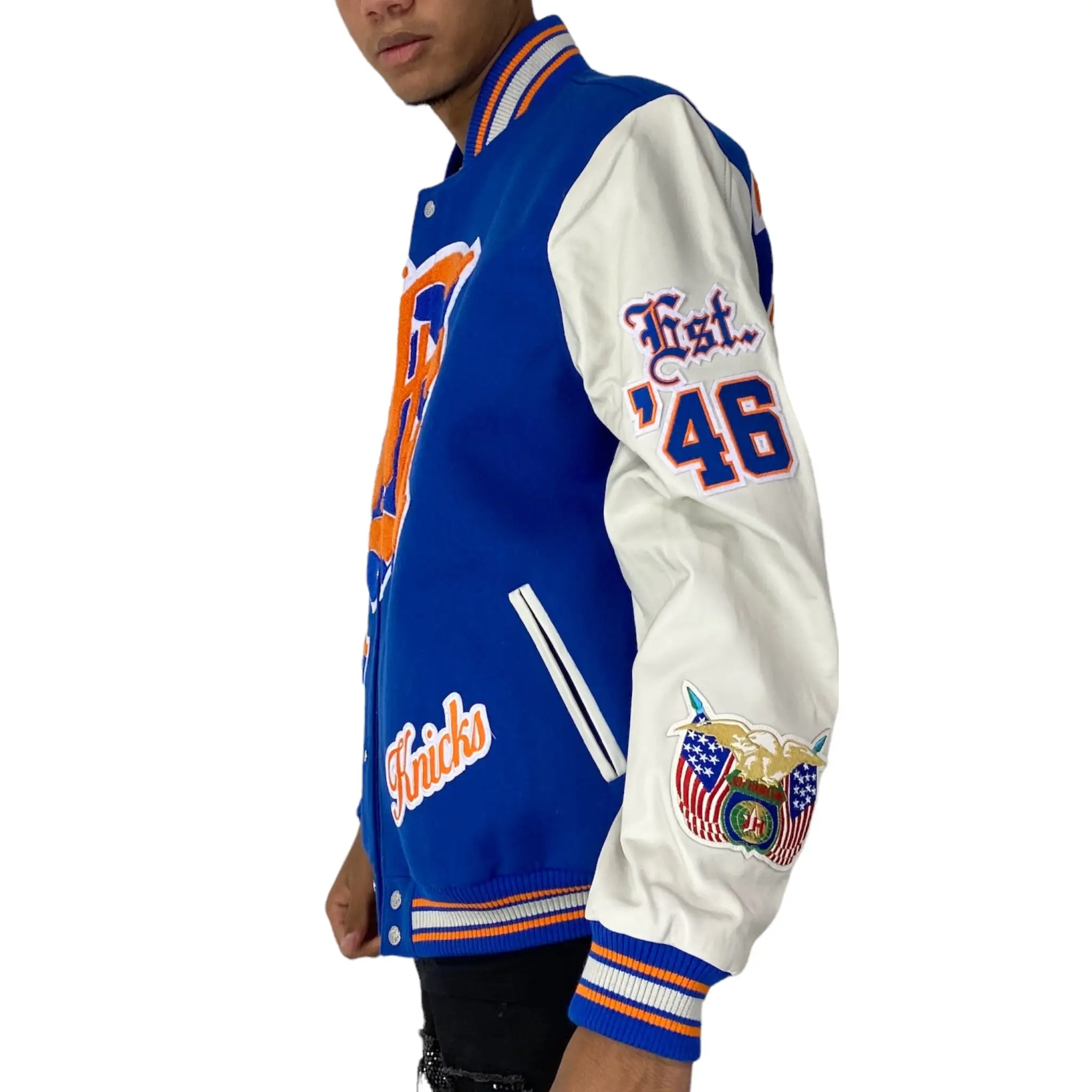 New York Knicks Old English Wool and Leather Blue and White Varsity Jacket 5
