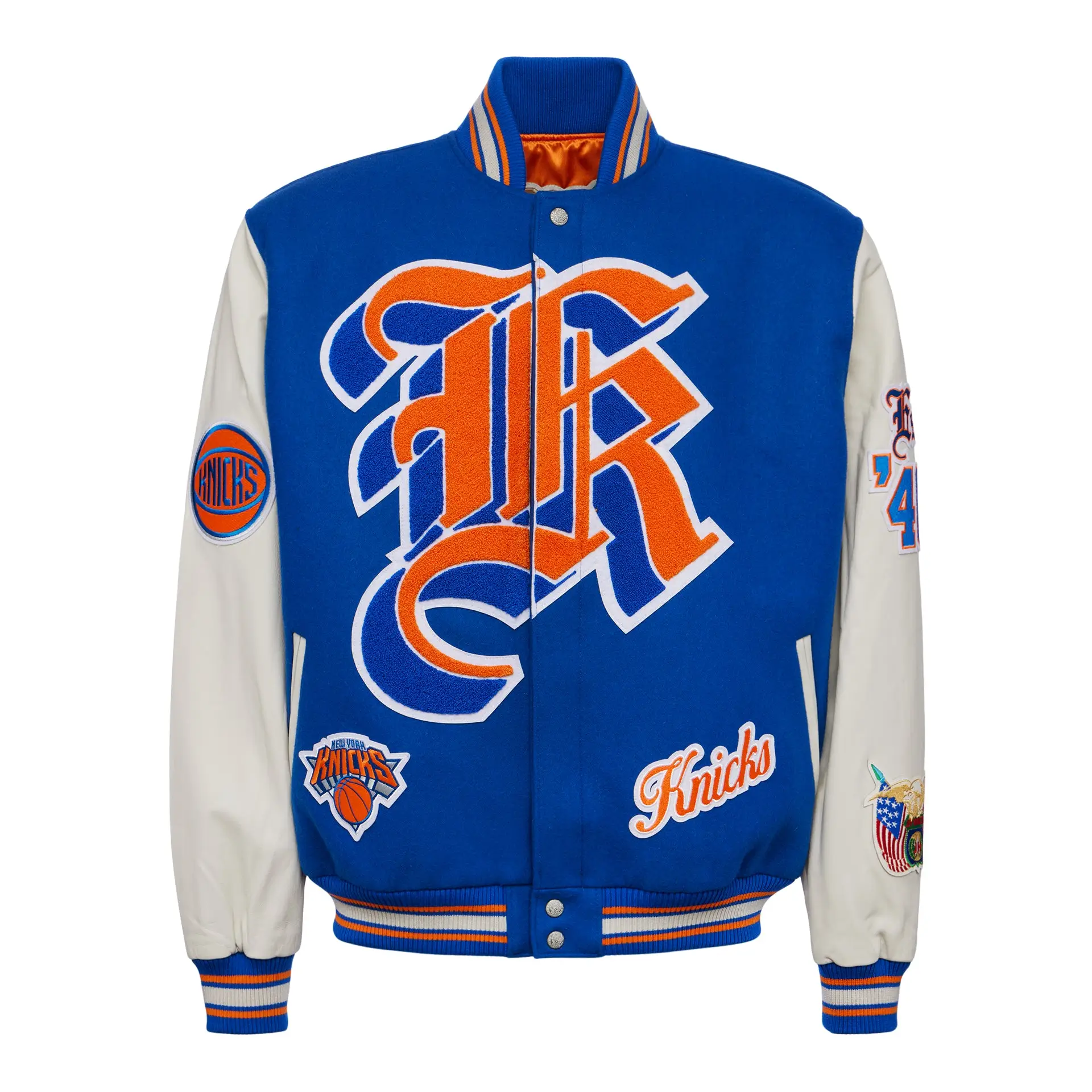 New York Knicks Old English Wool and Leather Blue and White Varsity Jacket