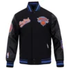 New York Knicks Script Tail Black Wool and Leather Varsity Jacket