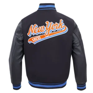 New York Knicks Script Tail Black Wool and Leather Varsity Jacket 3