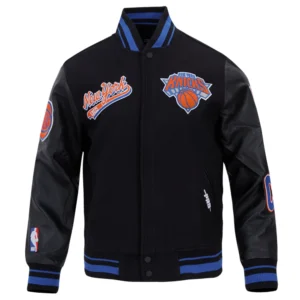 New York Knicks Script Tail Black Wool and Leather Varsity Jacket