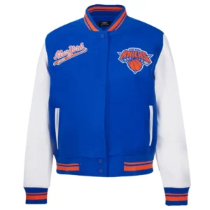 New York Knicks Script Tail Blue Wool Varsity Jacket