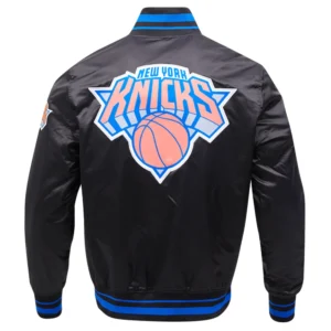 New York Knicks Script Tail Ribbed Knitted Black Varsity Jacket 3