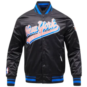 New York Knicks Script Tail Ribbed Knitted Black Varsity Jacket