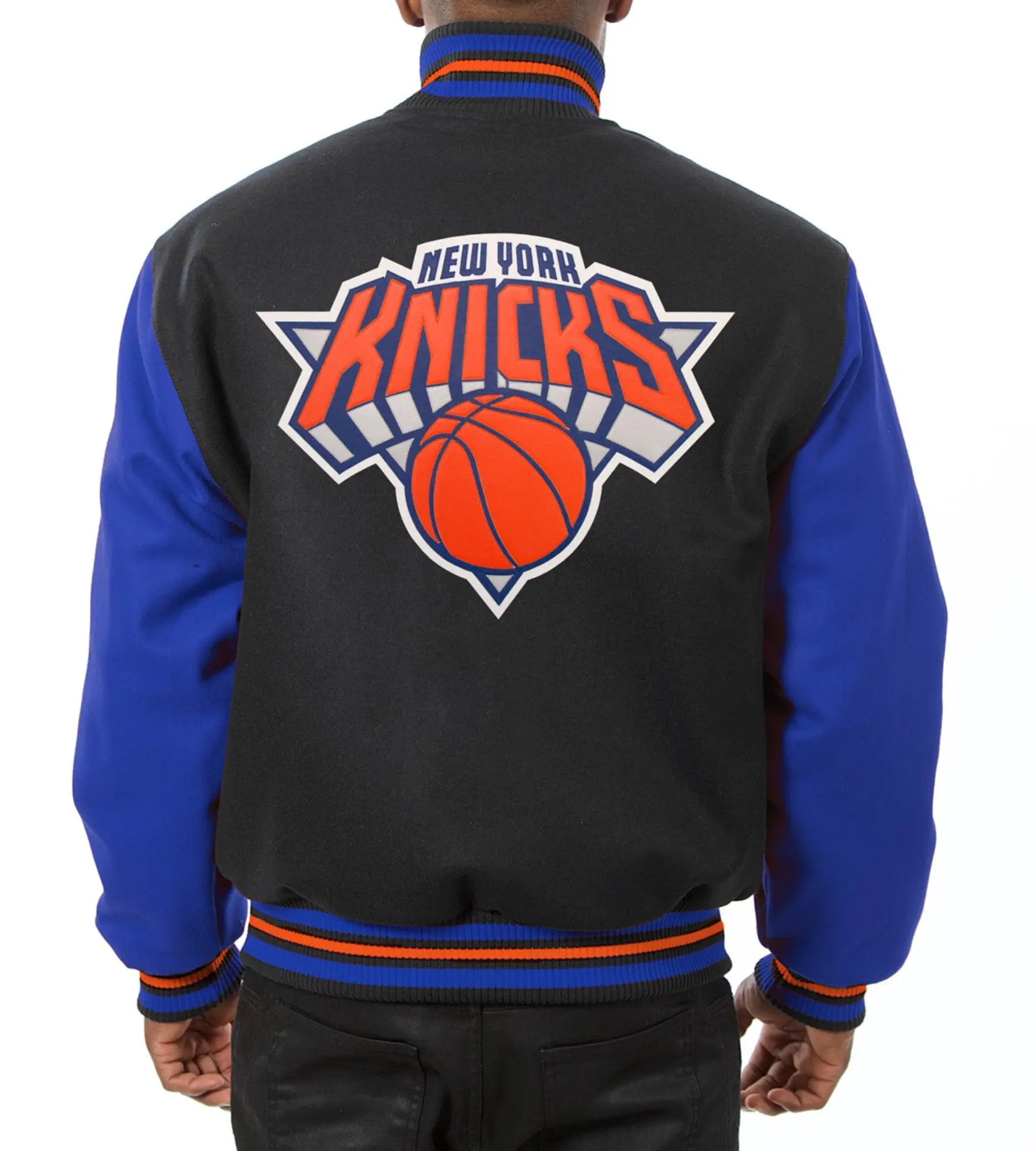 New York Knicks Two Tone Wool Black and Blue Varsity Jacket 1