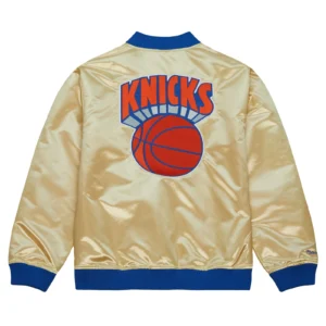 New York Knicks Vintage Logo Team OG 2.0 Satin Full-Zip Varsity Gold Jacket 1