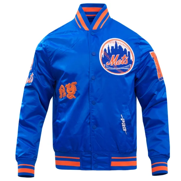 New York Mets Old English Full-Snap Satin Varsity Jacket – Blue