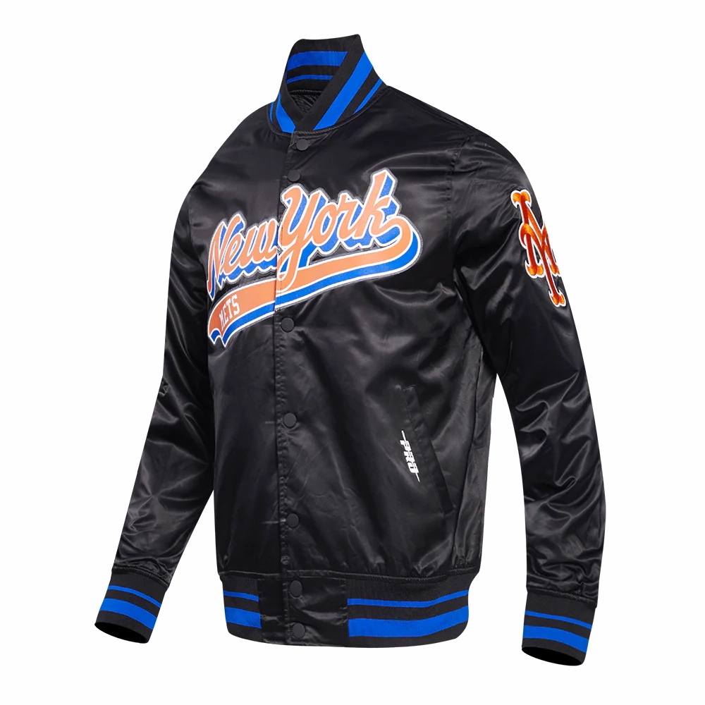 New York Mets Script Tail Black Satin Varsity Jacket 1