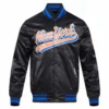 New York Mets Script Tail Black Satin Varsity Jacket