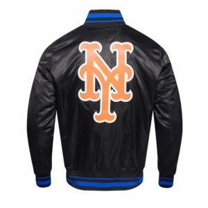 New York Mets Script Tail Black Satin Varsity Jacket 3