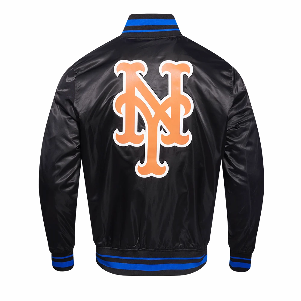 New York Mets Script Tail Black Satin Varsity Jacket 3