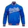 New York Mets Script Tail Satin Varsity Jacket – Blue