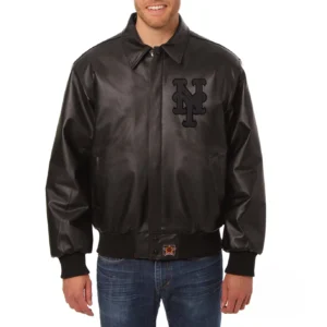 New York Mets Shirt Collar Full Leather Black Bomber Varsity Jacket - Copy