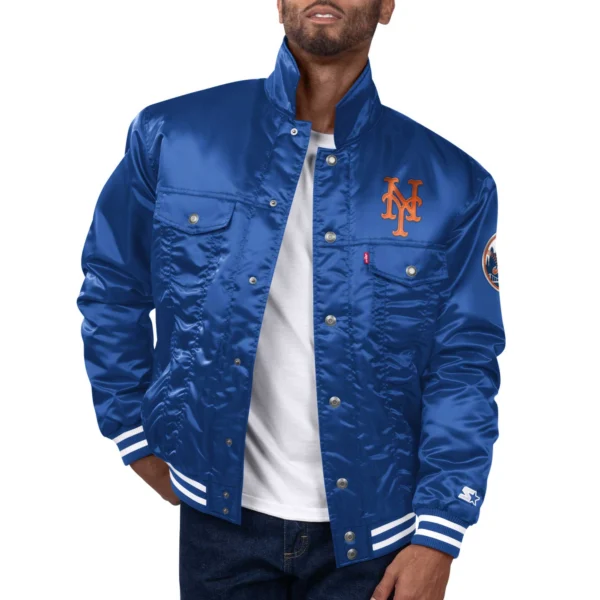 New York Mets Team Varsity Satin Trucker Jacket – Blue
