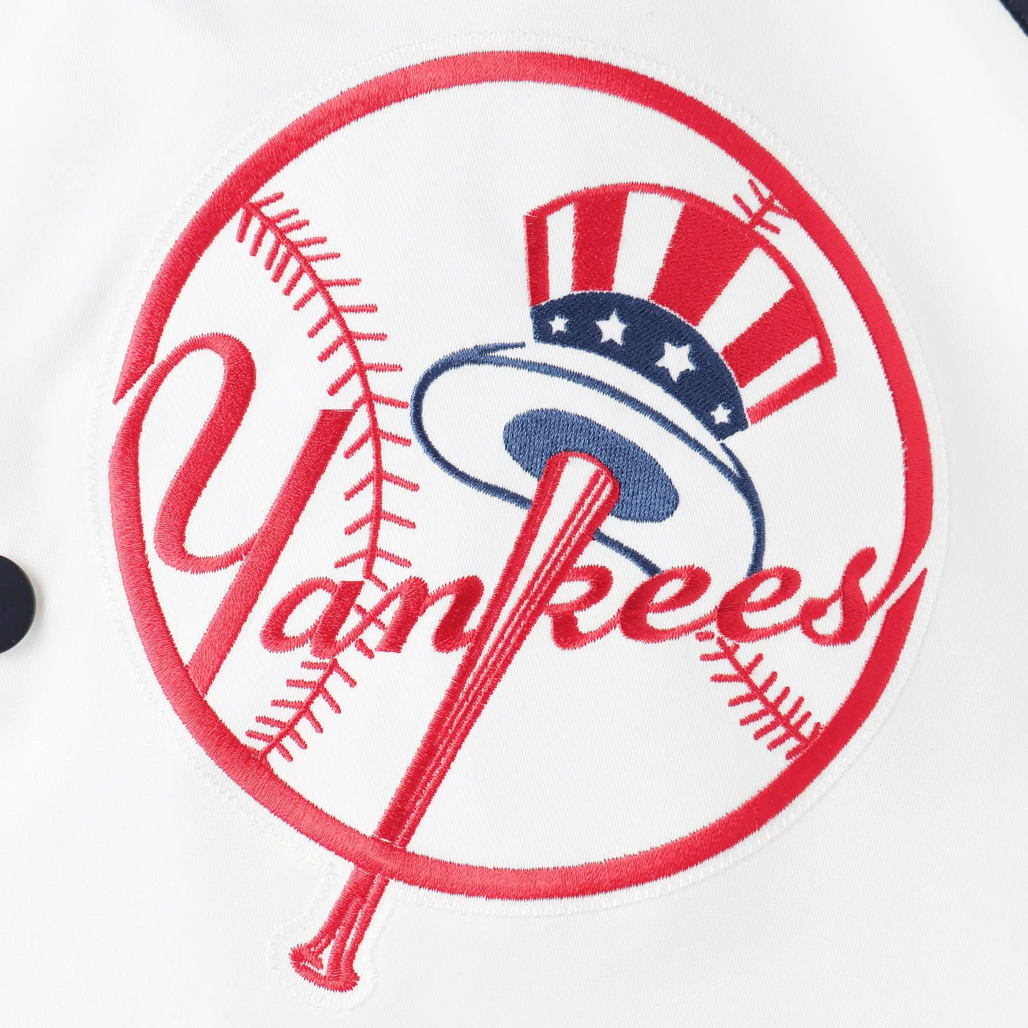 New York Yankees Clean-Up Hitter Full-Snap Satin White & Navy Varsity Jacket 2