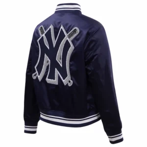 New York Yankees Mashup Women’s Full-Snap Navy Satin Varsity Jacket 1