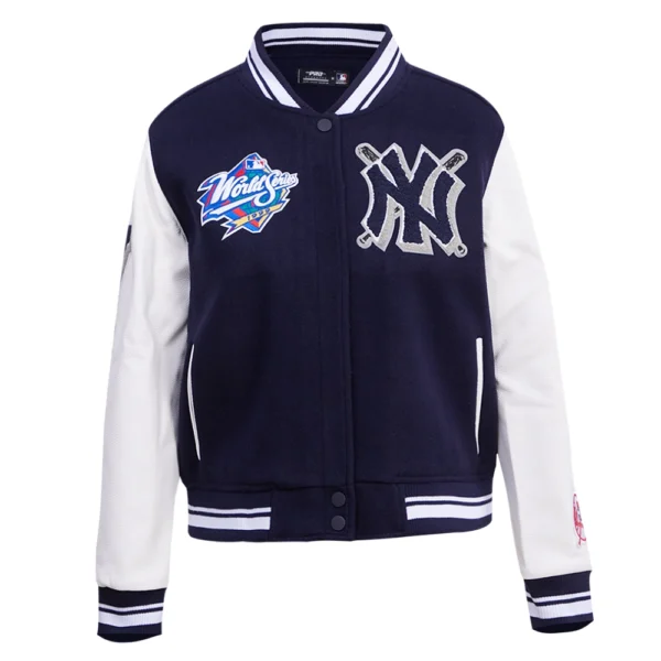 New York Yankees Mashup Women’s Wool & Leather Varsity Jacket – NavyWhite