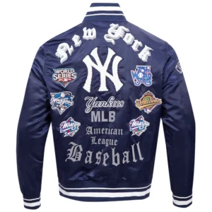 New York Yankees Old English Classic Rib Knitted Satin Varsity Navy Jacket 1