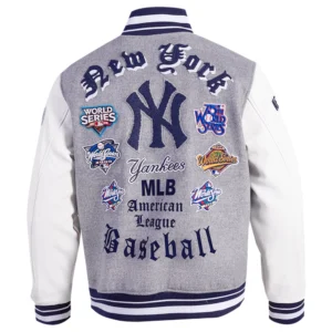 New York Yankees Old English Wool & Leather Varsity GreyWhite Jacket 1