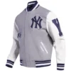 New York Yankees Old English Wool & Leather Varsity GreyWhite Jacket 2